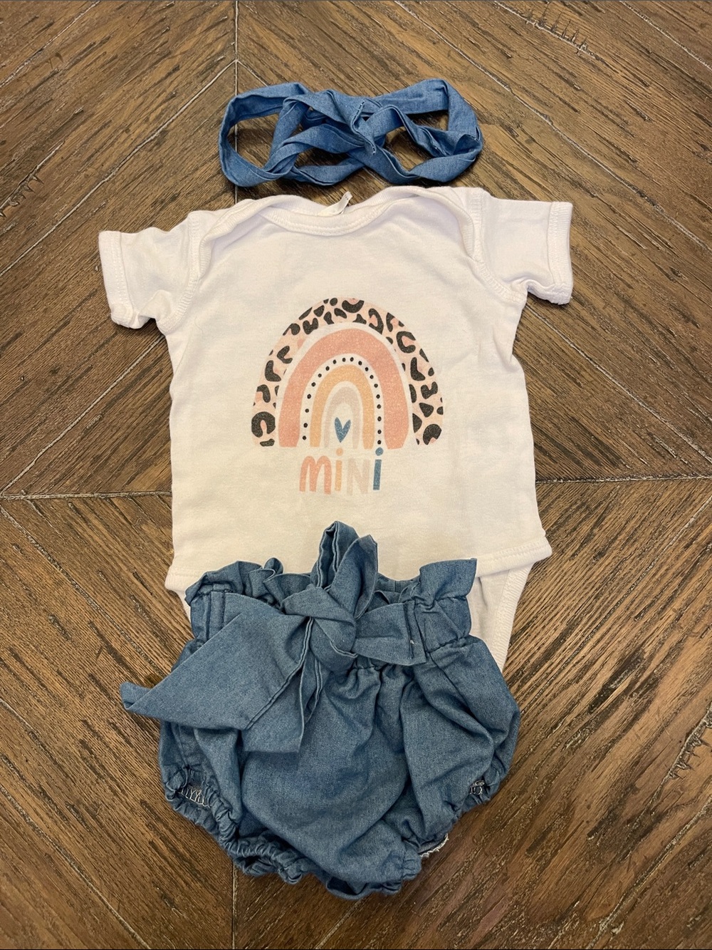Rabbit Skins White Leopard Mini Onesie with Denim Bubble Shorts